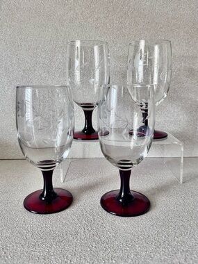 Set of 4 Maroon/Red Stem Iced Tea GOBLETS Princess House Heritage Etched Crystal